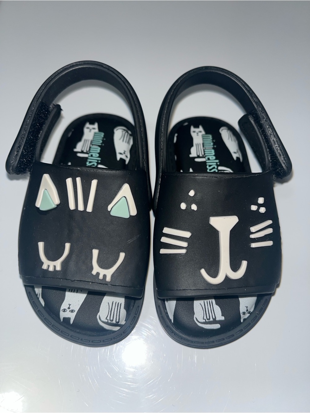 Mini Melissa Black Cat Jelly Sandals with Mint Accents